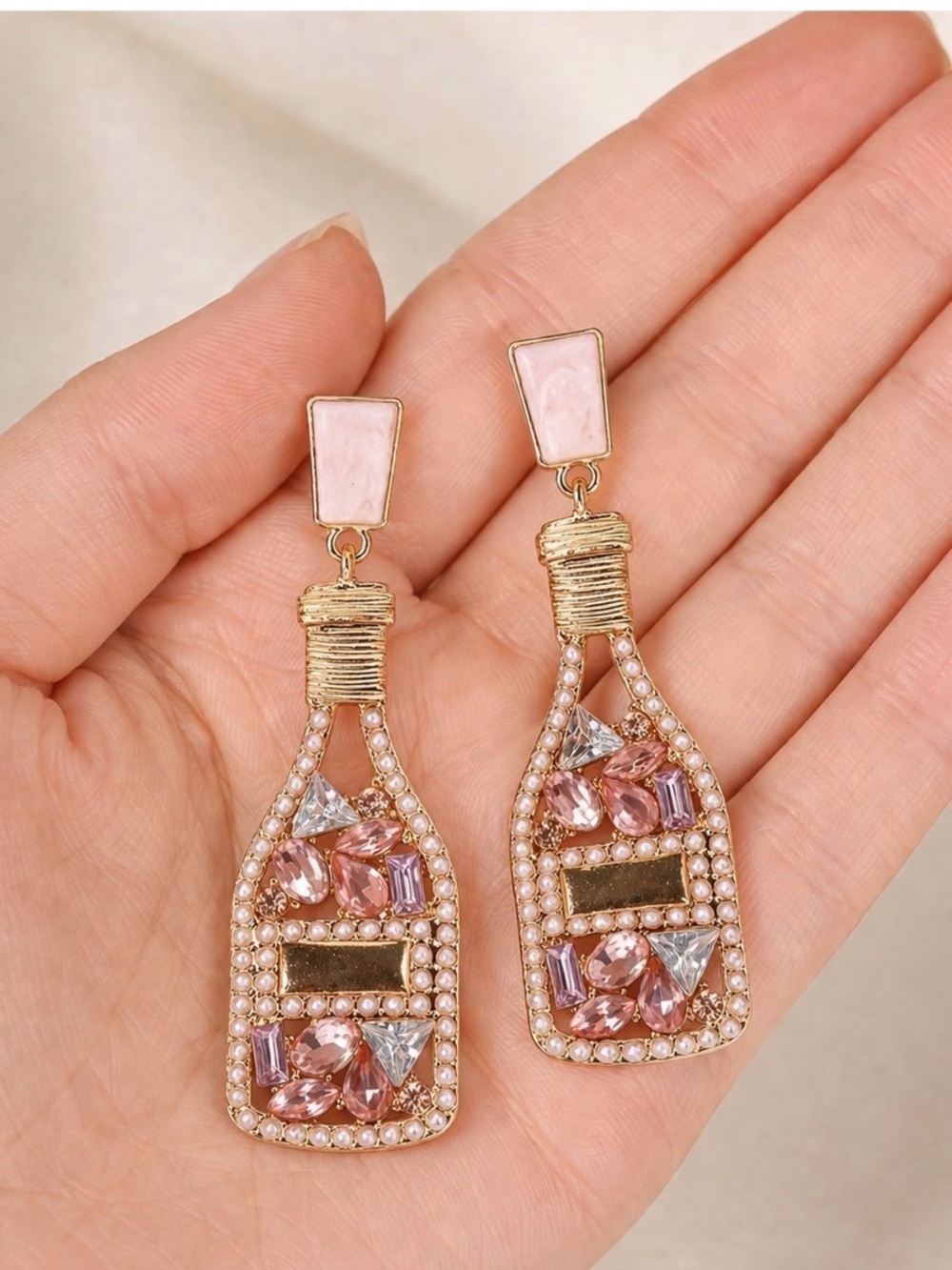 Pink Champagne Bottle Rhinestone Statement Earrings